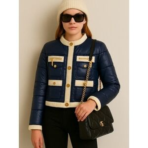 Y2k Twisted Heart Black White Trim Puffer Jacket Gold Button Zip Pockets